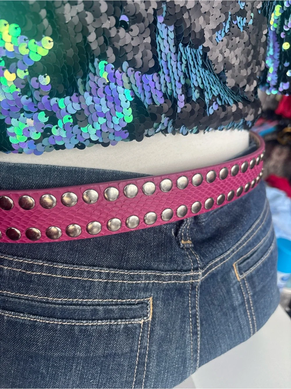 Vintage Y2K DKNY Pink Studded Leather Belt with Silver Buckle
